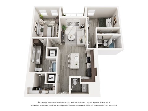 Floor plan for 2 beds, 2 baths, 983 sqft